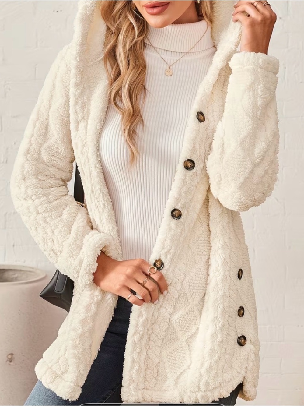 Women's Cream Sherpa Hood Teddy Jacket - Picture 4 of 7